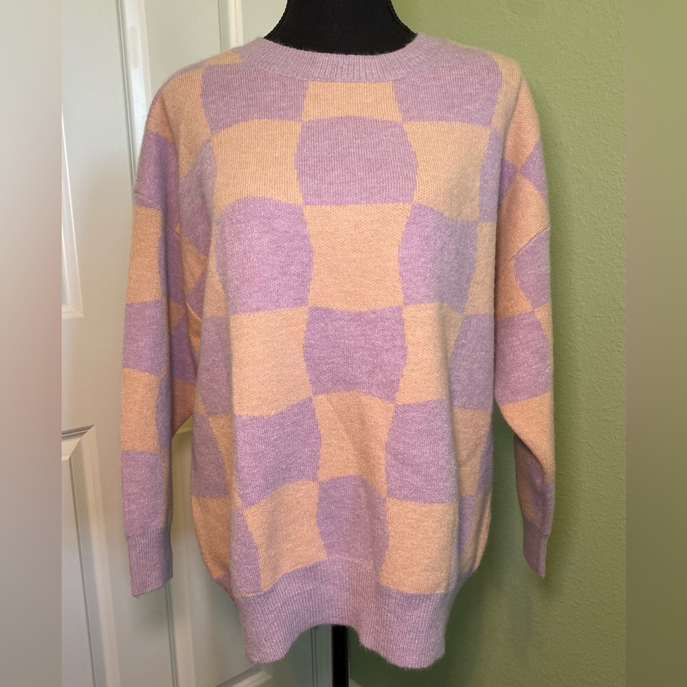 Kaileigh Checkered Purple and Orange Sweater Small NWOT
